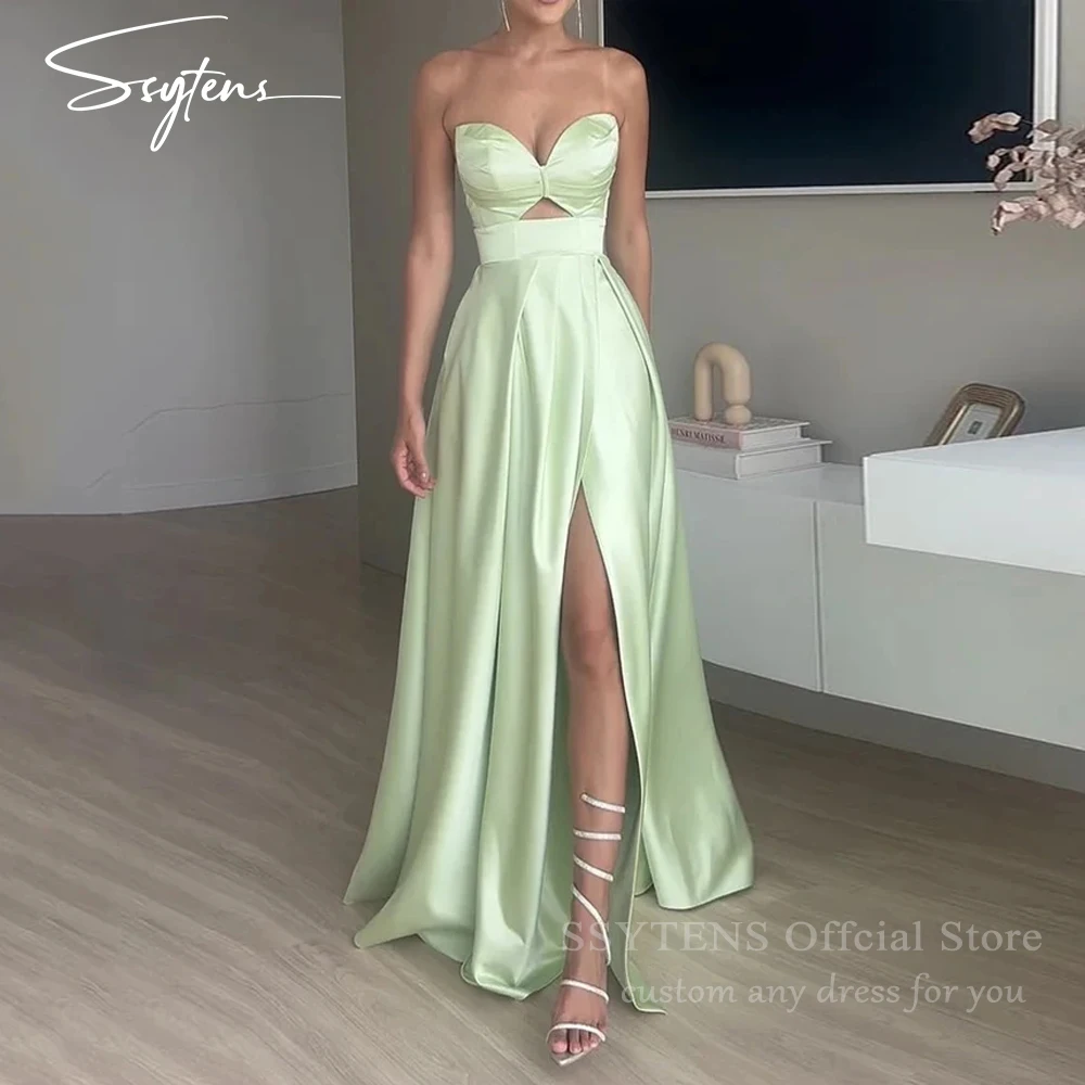 

SSYTENS Green Satin Party Dresses Sweetheart Cut Out Evening Dress For Women Side Slit A Line Prom Gowns Simple Formal Gowns