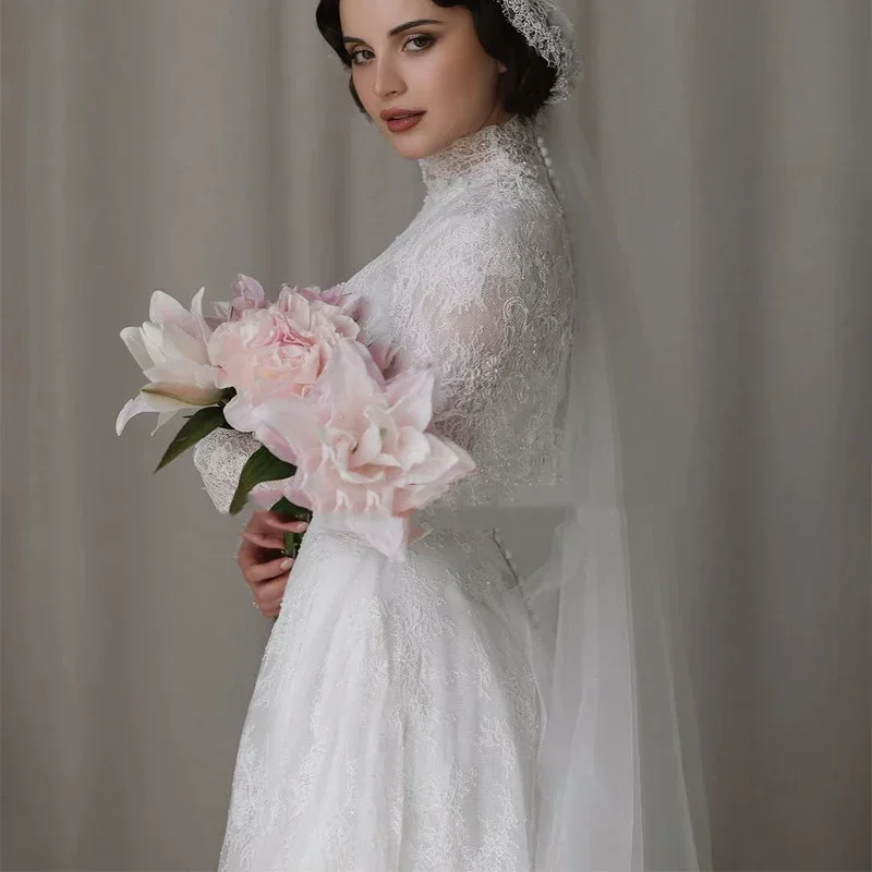 Customized Exquisite Lace Appliques Elegant A Line Princess Wedding Dresses Long Sleeve Cape High-neck Wedding Bridal Dresses