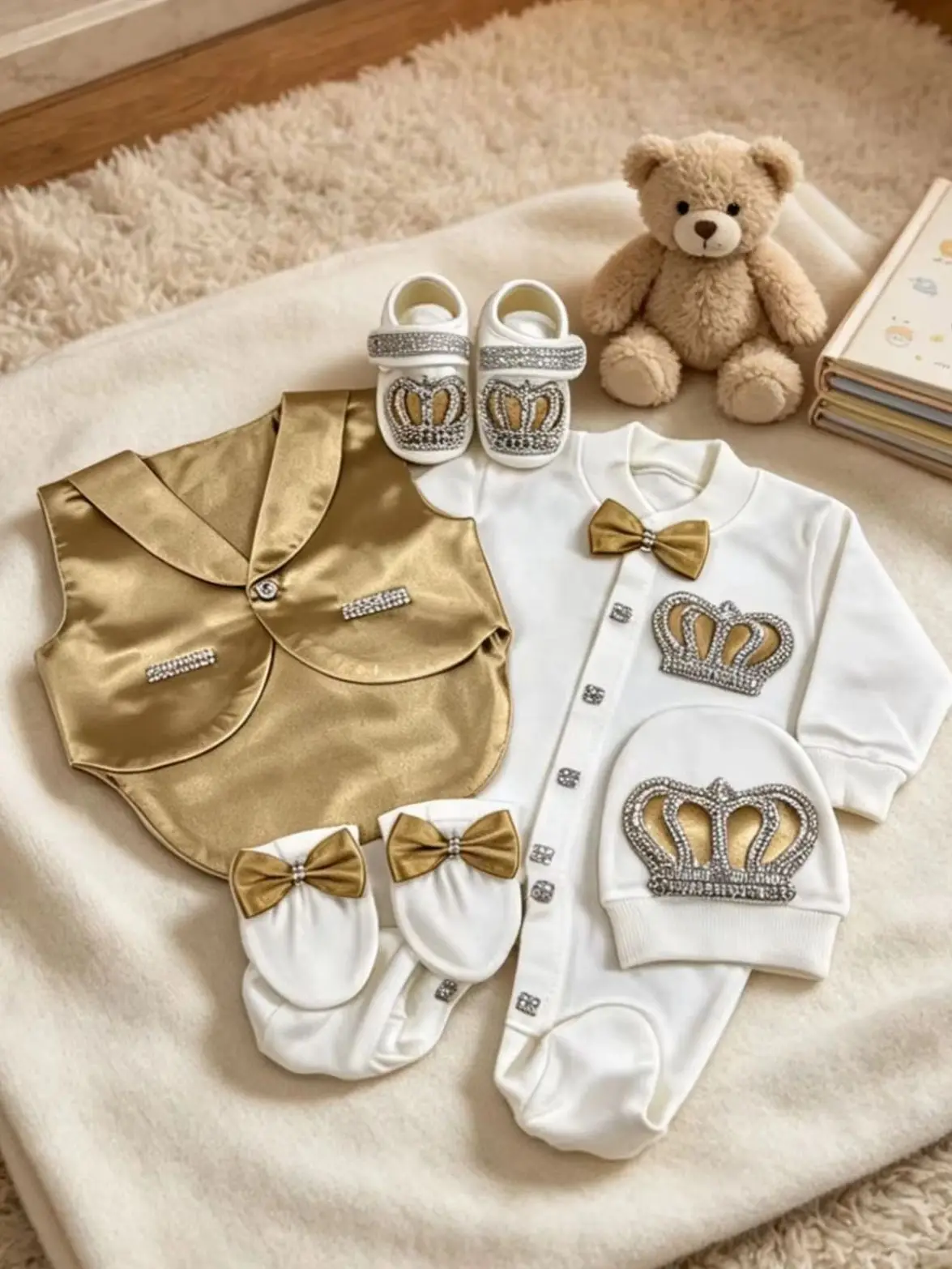 

Baby Baptism Prince Suit 0-9 Months Soft Cotton 5Pcs White Champagne Gold Vest Crown Formal Outfit Baby Gift