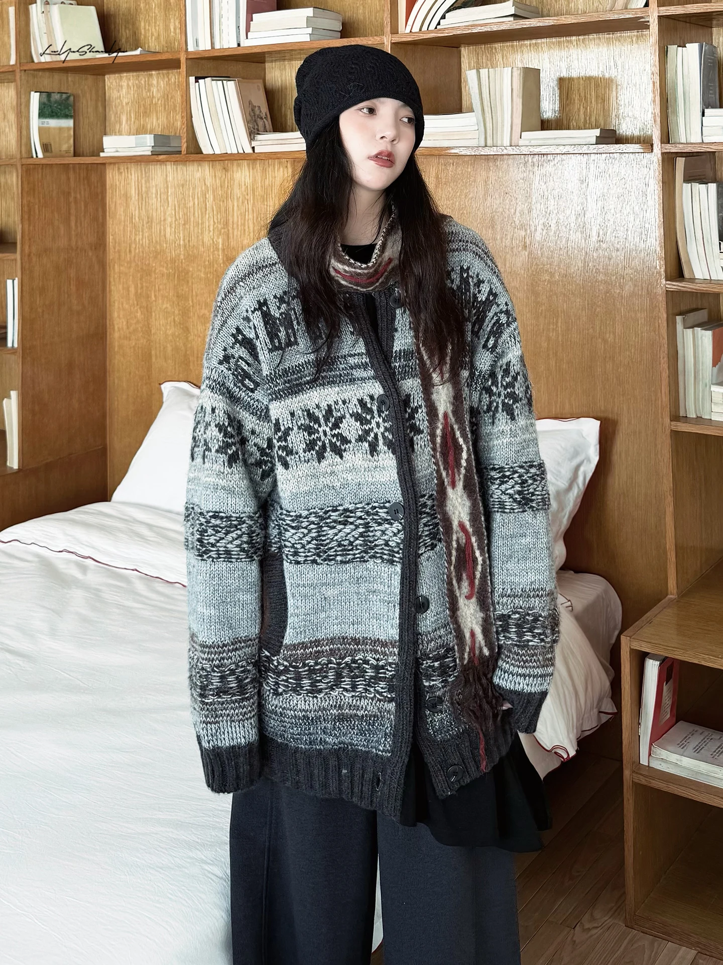 

Шерстяной вязаный кардиган в американском стиле ретро Fair Isle V-Ne Long Sve Thi, теплая верхняя одежда для женщин, осенне-зимний сезон