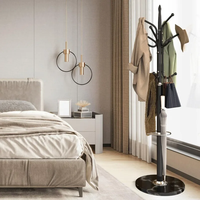 Metal Coat Rack Freestanding, Coat Hanger Stand With Natural Marble Base, Standing Coat Rack With Umbrella Holder