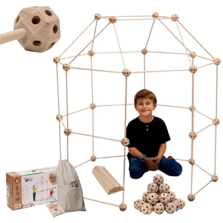 

STEM Montessori wooden fort building kit for kids - 52 rods 30 spheres in natural wood color - eco-friendly construction toy fo