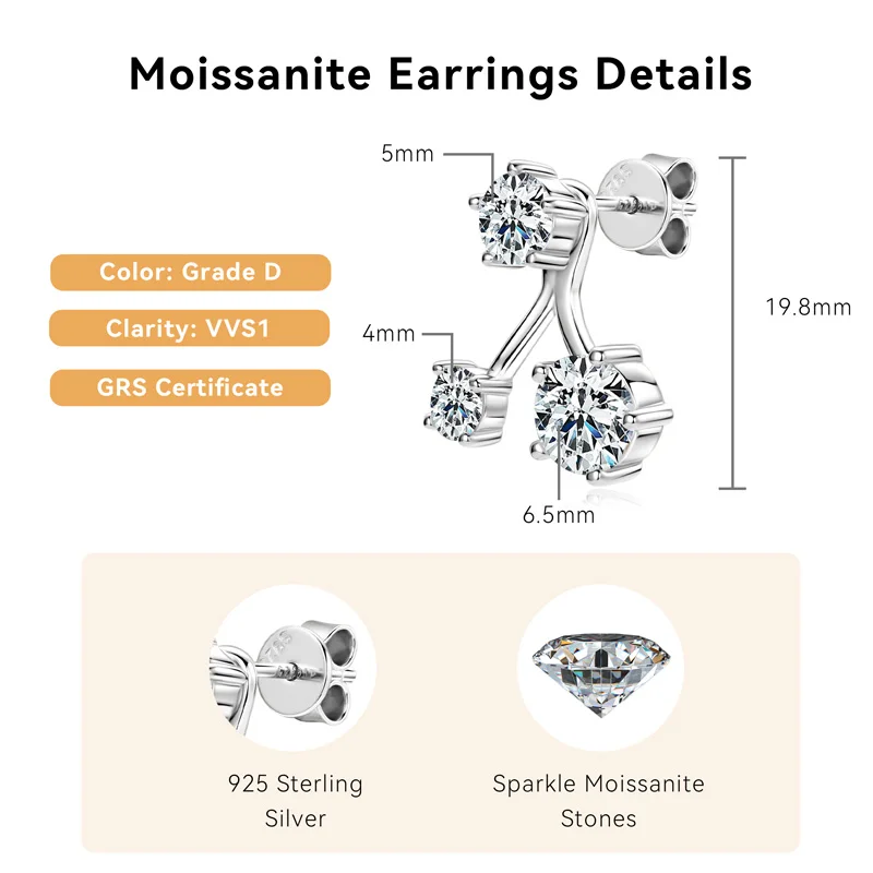 2024 New D1.80CT Moissanite Stud Earrings Three Stones Ear Jacket for Women 925 Sterling Silver Earring Dual Use Jewelry Gift