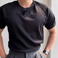 Waffle cuff short sleeve T-shirt men's summer sense of luxury fitness mature steady door neck henley shirt top