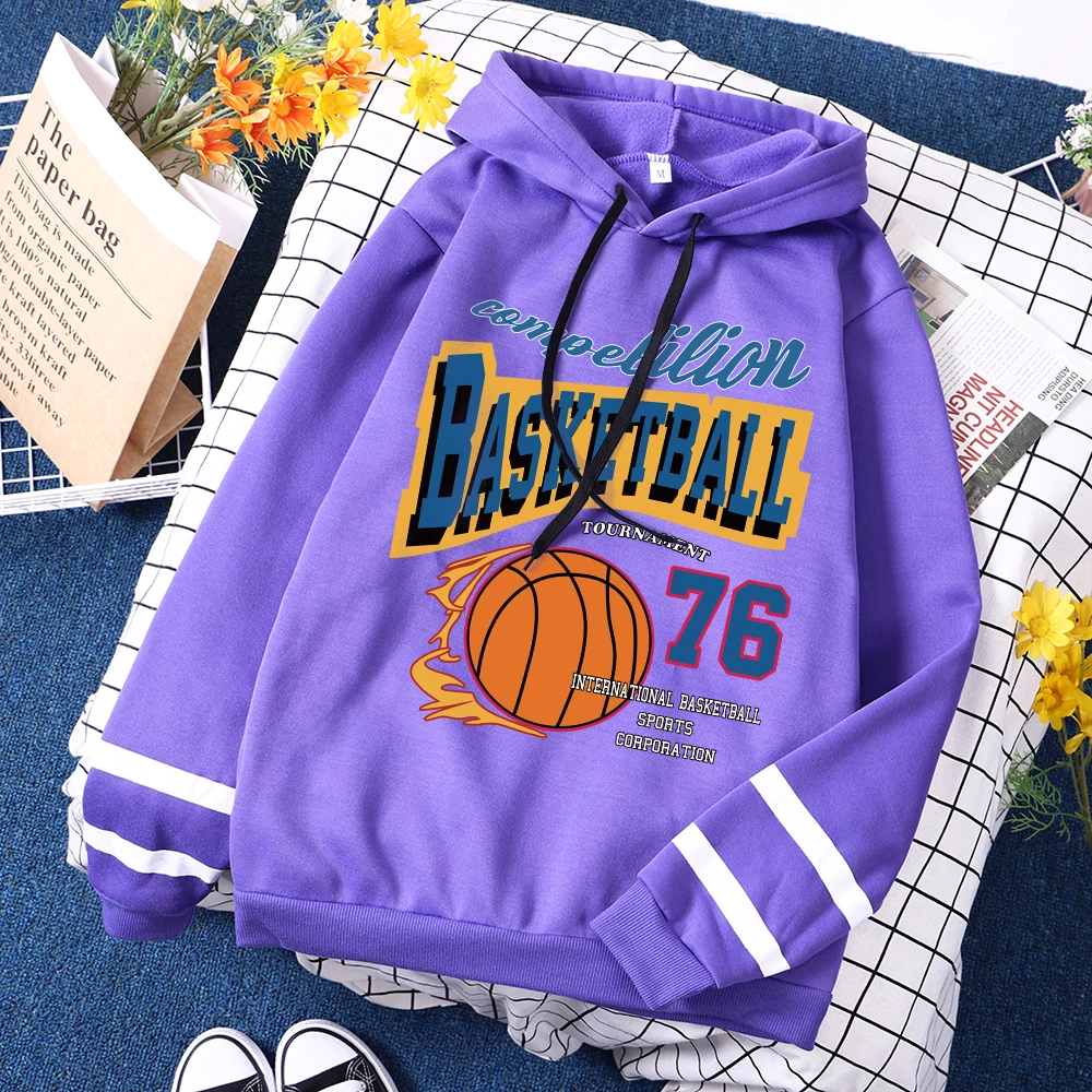 Basketball 76 Letter Print Hoodie Women Warm Fleece Hoody Fashion Casual Sweatshirts Autumn Loose Sportswears