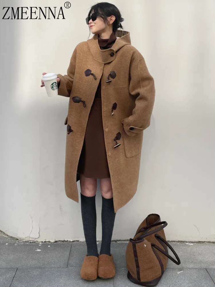 

ZMEENNA Stylish Women's Wool Blend Hooded Toggle Duffle Coat Loose Fit Warm Winter Outerwear For Casual Everyday ZM3521