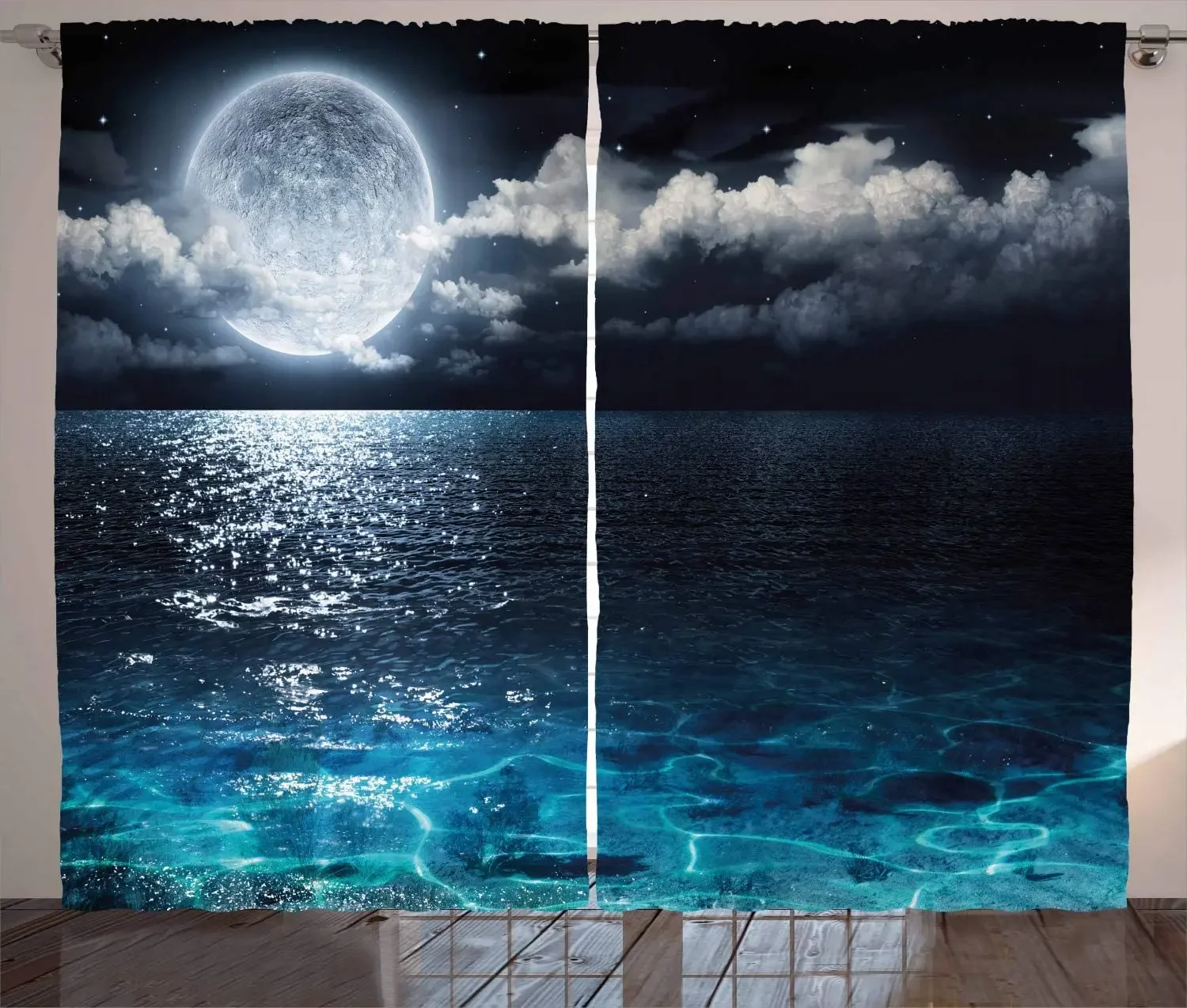 Living Room Decoration Blackout Curtains Full Moon and Fog Clouds with Ocean Double Bedroom Luxury Curtains for Living Room