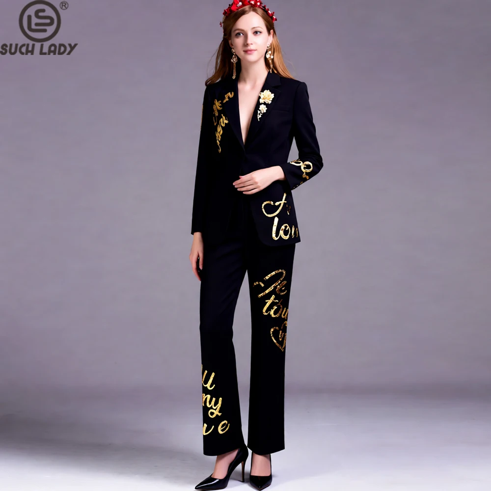 

Women's Black Blazer Set with Gold Sequin Embroidery, Heart Motif Long Sleeve Jacket & Matching Pants, Statement Evening Suit