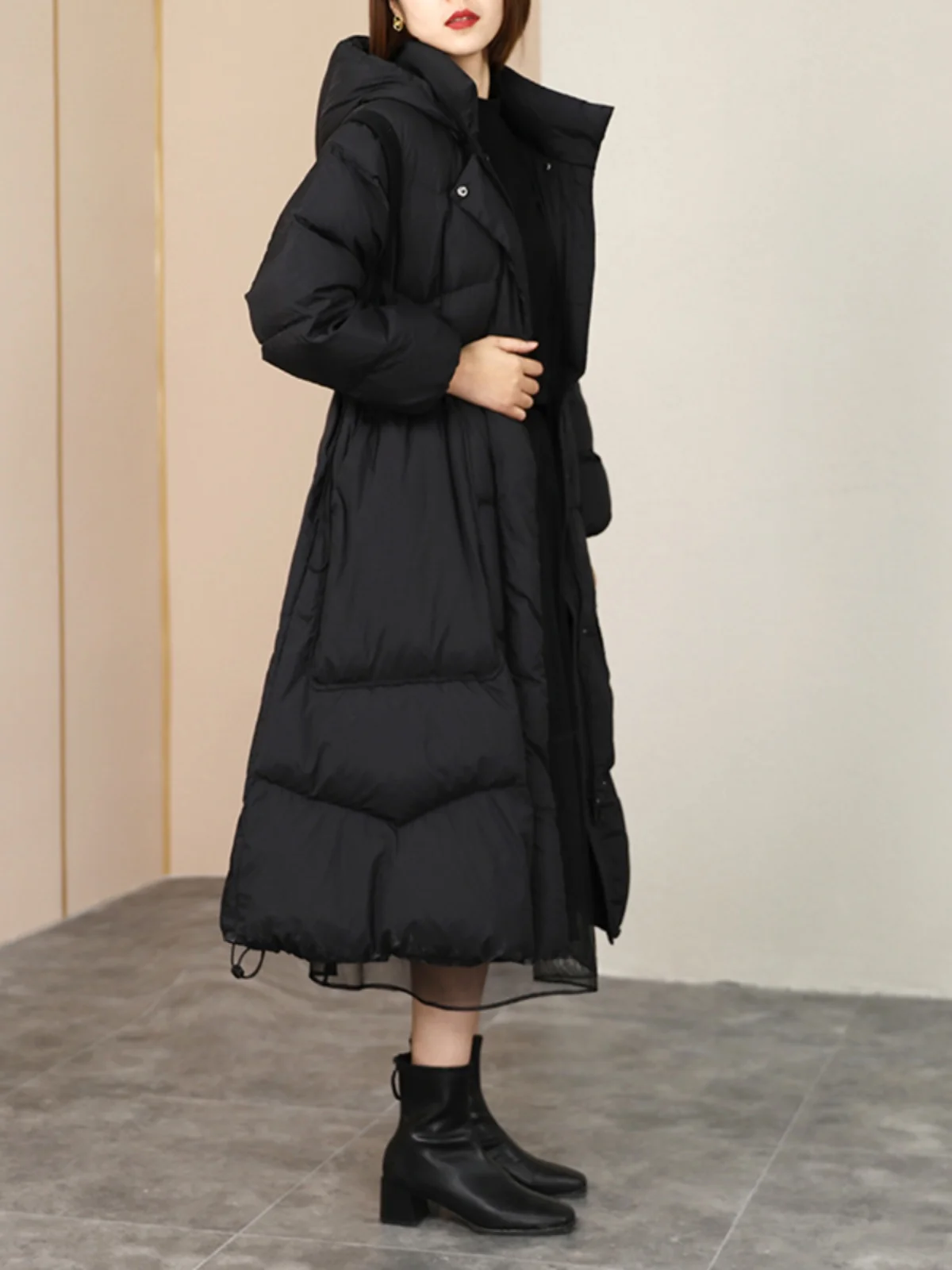 الكورية نمط سميكة الدافئة فضفاضة مقنعين طويلة أسفل معطف المرأة الشتاء حزام الخصر الموضة #5