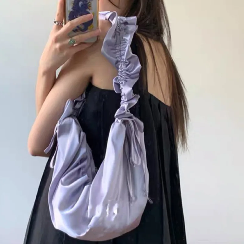 Korean Ins Style Aesthetic Satin Ruffled Drawstring Bag Large Capacity Portable Shoulder Crossbody Bag For Women Daily Travel