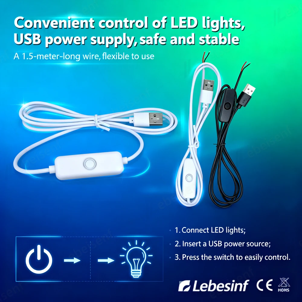 كابل USB إلى ثنائي النواة 1.5 متر 5 فولت 2 أمبير - 501 تشغيل/إيقاف لأضواء عرض الرف DIY خزانة الكتب إضاءة المشروع الحرفية