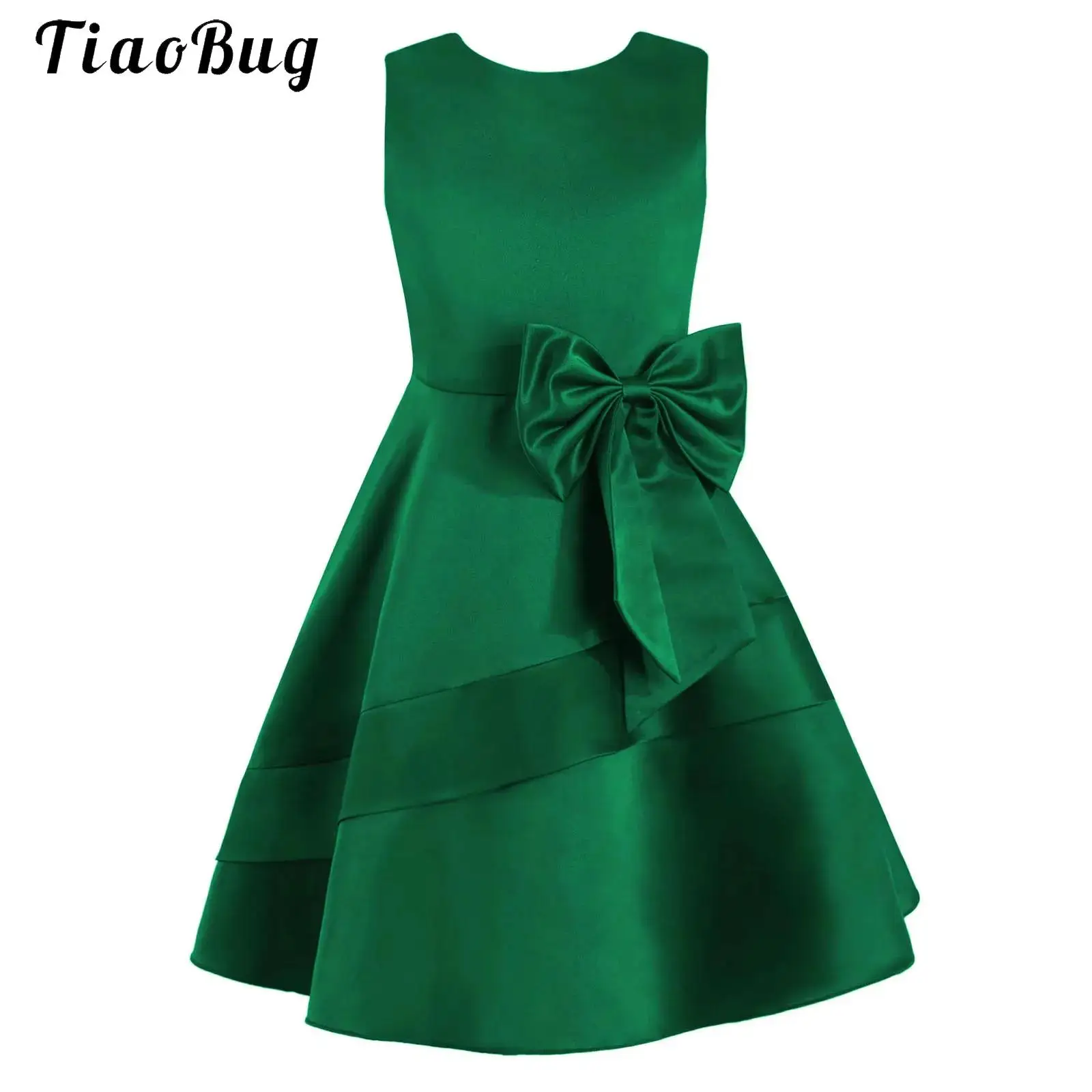 

Kids Flower Girls Satin Dress Big Bowknot Sleeveless Tiered Junior Bridesmaid Dress Elegant Vintage Wedding Party Formal Gown