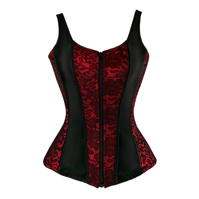 Caudatus Corset Bustier Vest Tops Red and Black Corset with Straps Satin Corselet Overbust Victorian Korsett Vintage Fashion