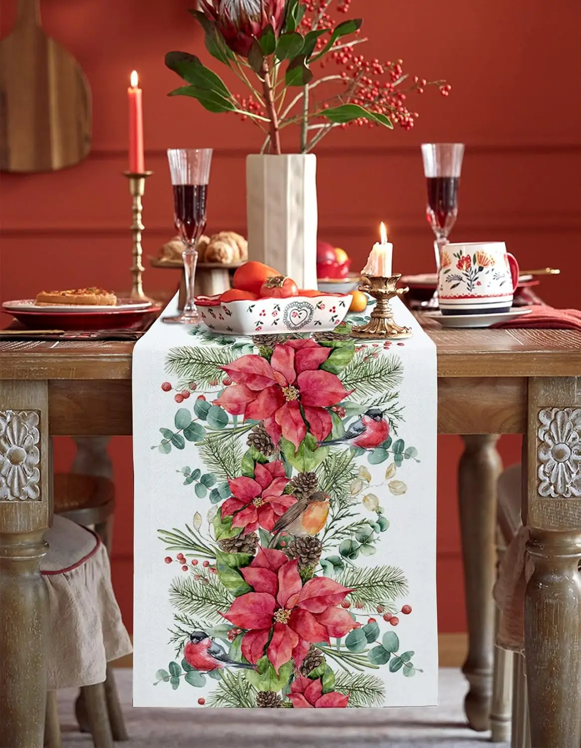 Christmas Poinsettia Holly Berries Table Runner Party Decor Washable Winter Kitchen Dining Table Runner Christmas Decorations