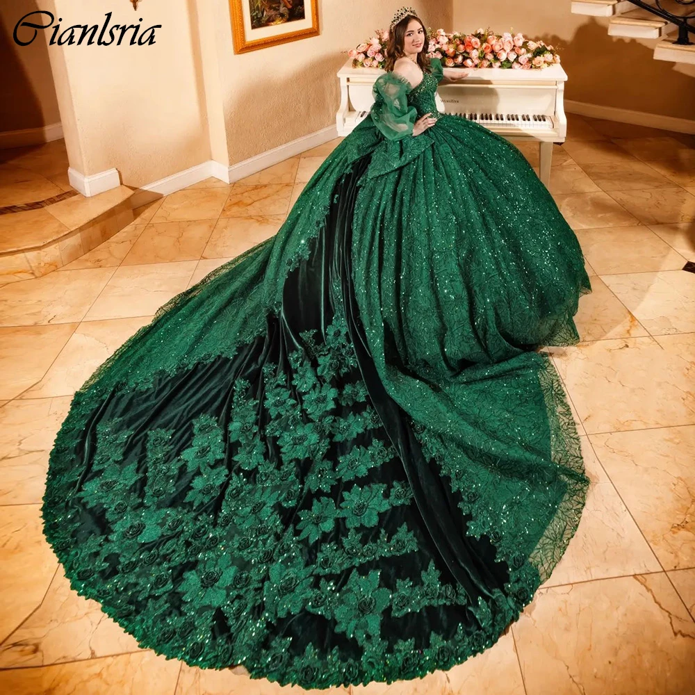 Emerald Green Glitter Crystal Beading Ball Gown Quinceanera Dresses Long Sleeve Appliques Lace Corset Vestidos De 15 Años