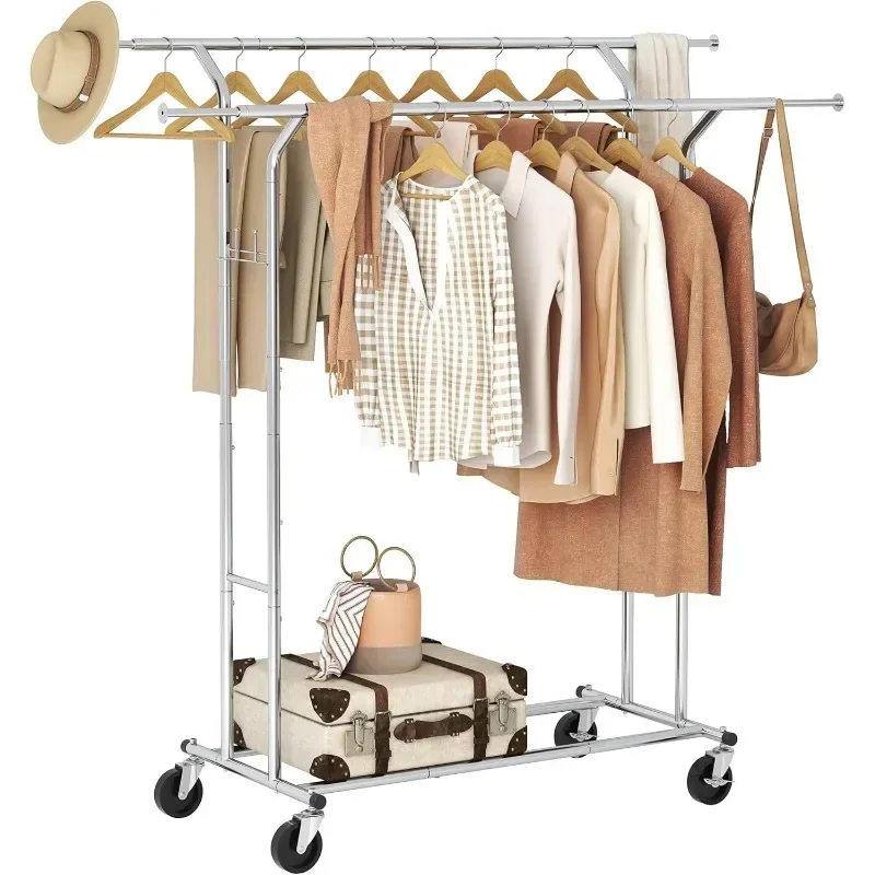

# Hot Clothes Rack Heavy Duty Rolling Garment Rack With Wheels And Extendable Double Rods, Collapsible Clothing Racks