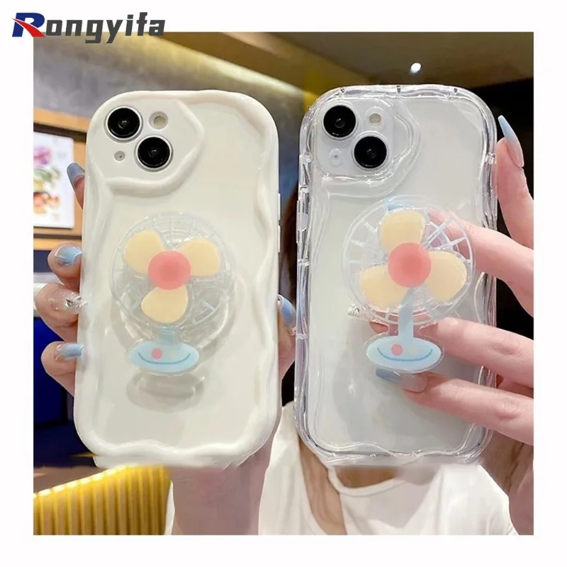 Voor Samsung Galaxy S23 S22 S21 Ultra Plus S21 S20 Fe S23 S22 S21 + J7 J2 Grand Prime Cute Cream Fan Stand Houder Telefoonhoesje