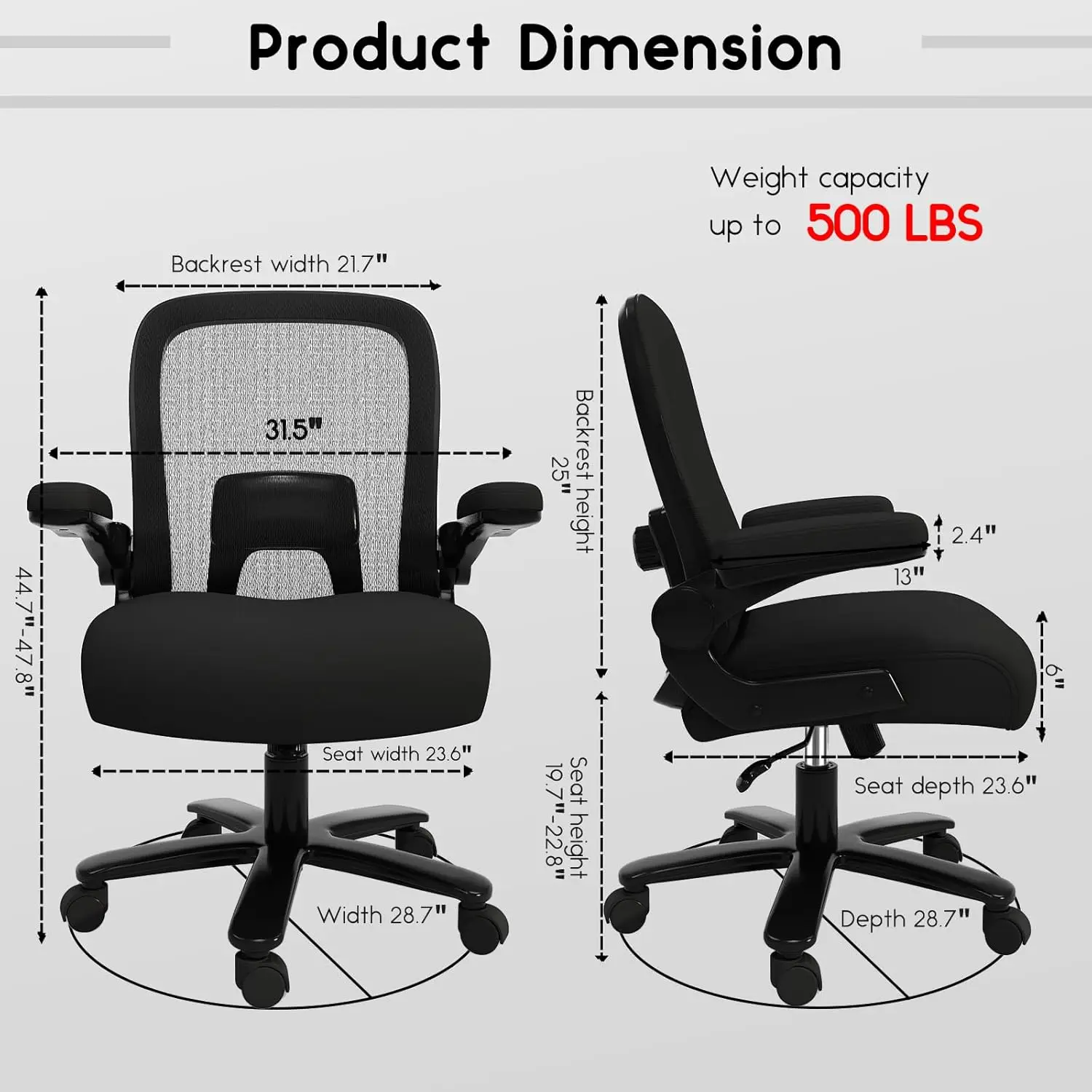 Cadeira de escritório ergonômica com suporte lombar ajustável, Heavy Duty Mesh Desk Chair, Grande e Alto, 500 lbs