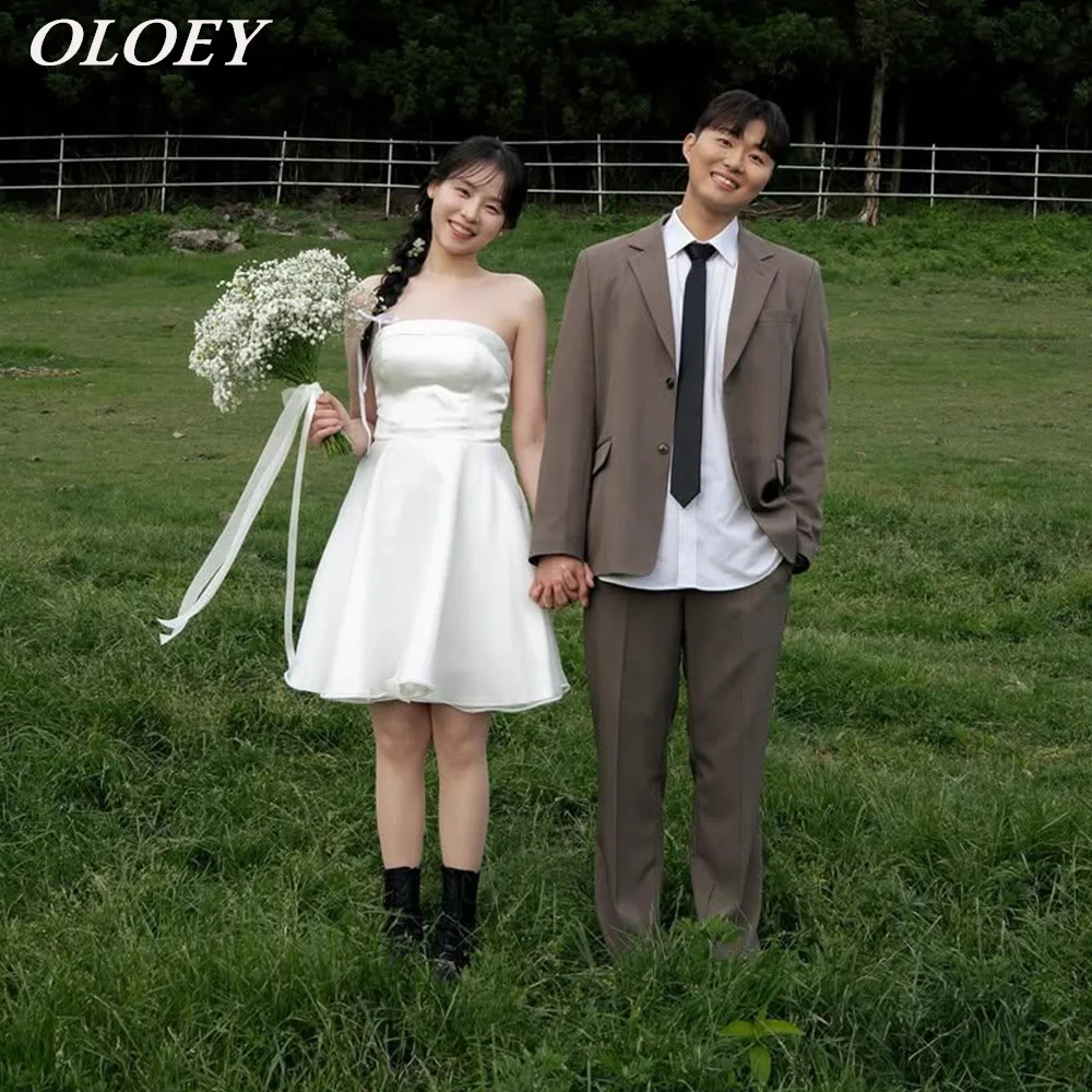 OLOEY Simple Strapless Short Wedding Dress Korea Snapshots Puffy A Line Above Knee Length Bridal Gown Customized Corset
