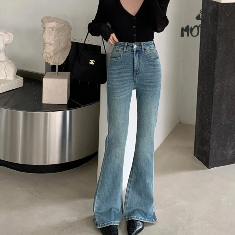 

Bell-Bottom Pants for Women High Waisted Slimming Slit Lengthened Micro-cropped Denim Pants for Spice Girls Version of Good