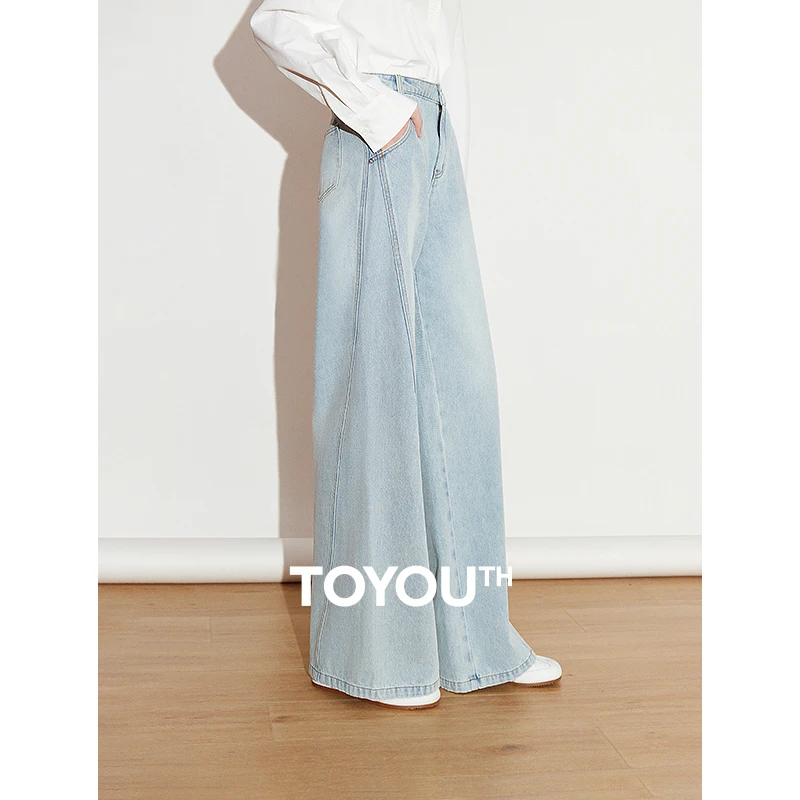 

TOYOUTH Women Denim Jeans 2025 Spring New Mid Waist Straight Wide Leg Stonewashed Long Pants