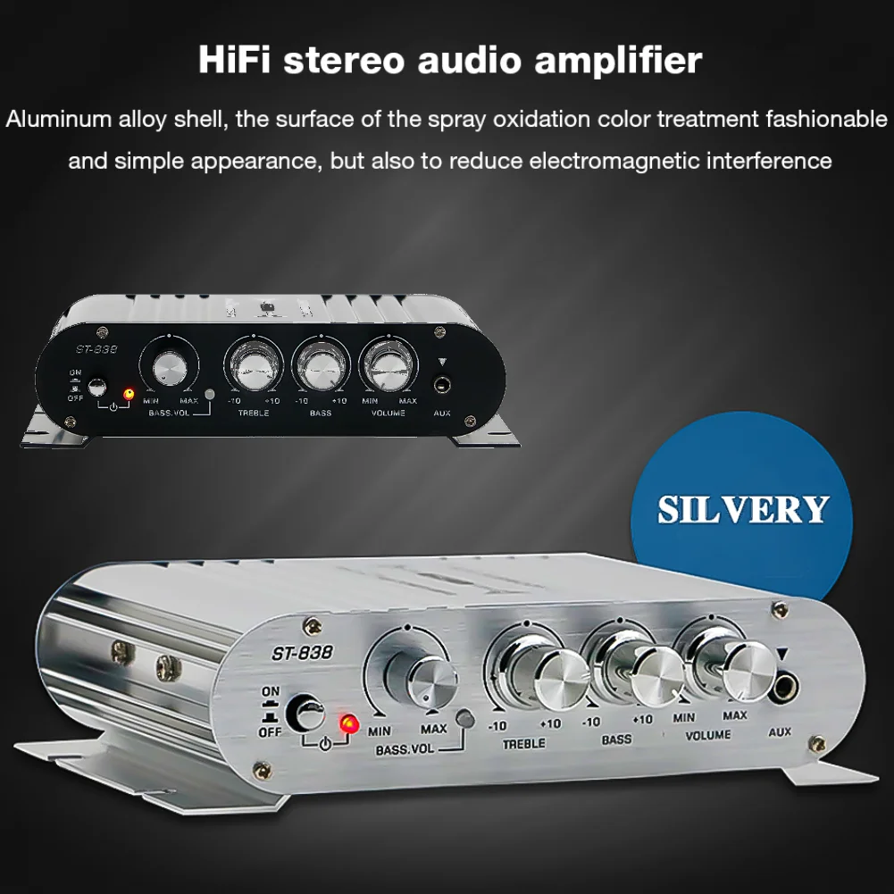 

Усилитель мощности HiFi 2.1-канальный с регулировкой басов и высоких частот, 80 Вт*2, для сабвуфера, черный, для автомобиля и дома, мини-медиаплеер ST-838