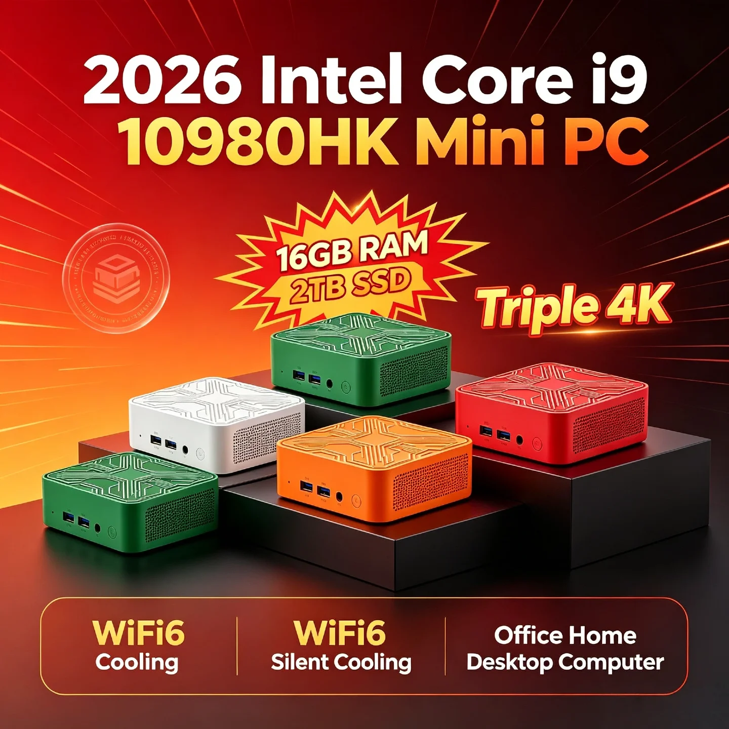 2026 Intel Core i9 10980HK Mini PC 16GB RAM 2TB SSD Triple 4K Silent Cooling WiFi6 Office Home Desktop Computer
