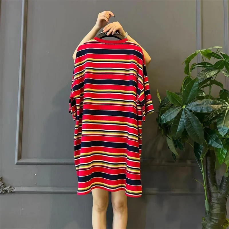American Style Loose Colorful Stripe Dress Women O Neck Short Sleeve Long T-shirt Straight Mini Summer Dresses