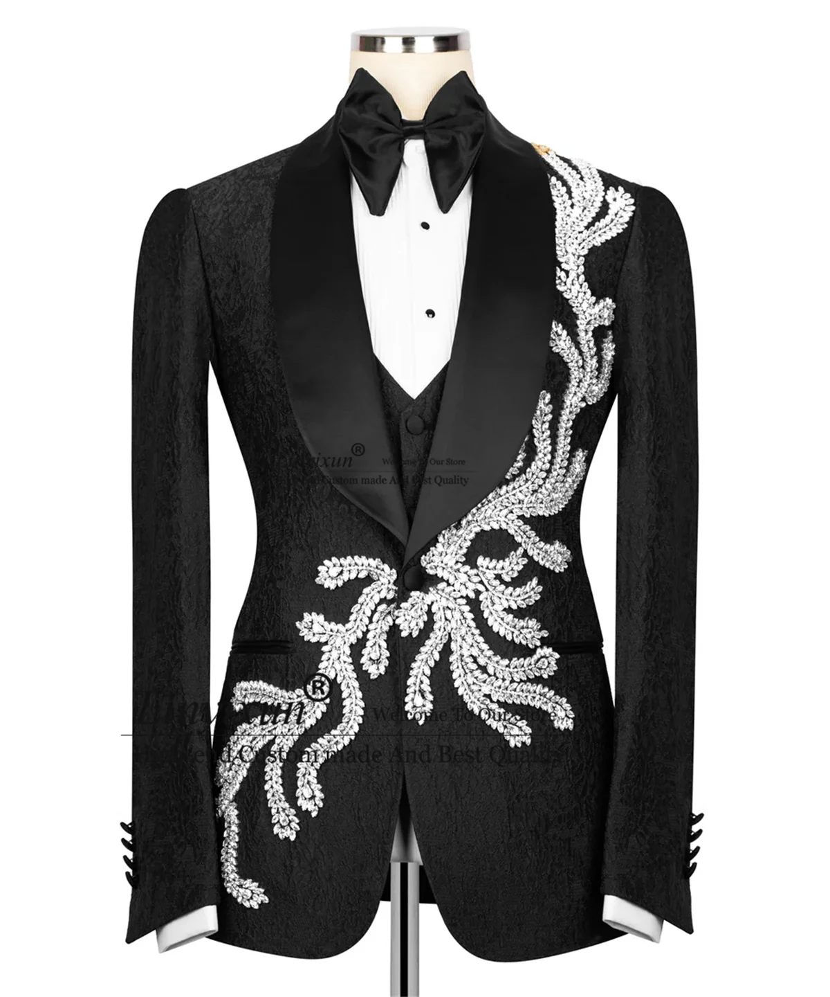 

Stunning Ornament Diamonds Men Suits Customized Wedding Tuxedos Jacquard Groom Male Blazers Party 3 Pieces Sets Costume Homme