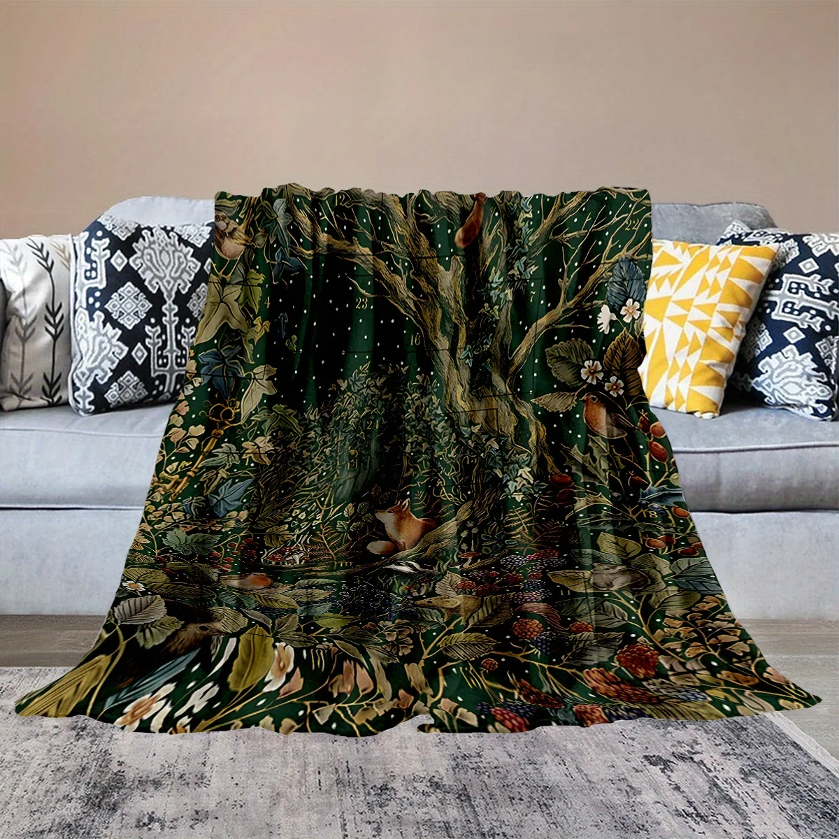 Fox Bird Wild Berry Leaf Dark Green Tone Print Blanket, Light Flannel Throw For Couch Room, Vintage Wild Nature Daily Blanket