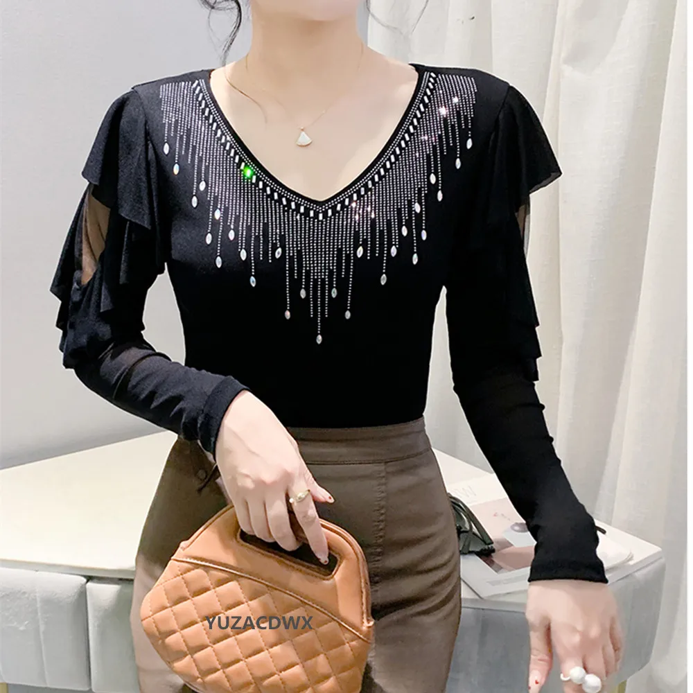 2025 Autumn New Original Heavy Industry Diamond Women's T-Shirt Inlaid Double layer Long Sleeve Ruffles Mesh Tops