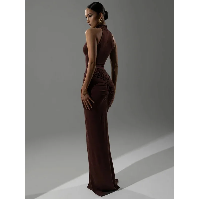 Halter ruched sem mangas sexy maxi vestido feminino moda magro cintura alta noite clube festa dividir vestido longo