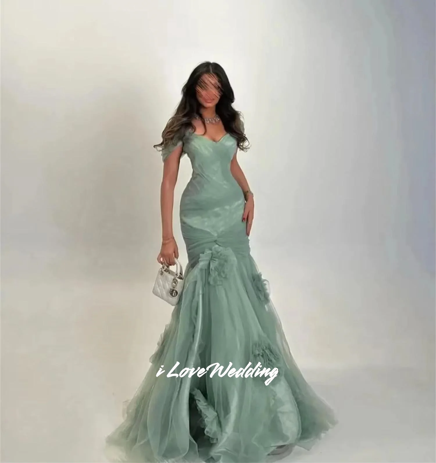 Green V-Neck Prom Dresses Off Shoulder Mermaid 3D Flowers Backless Floor-Length Saudi Arabia Evening Dresses Pleated Customized