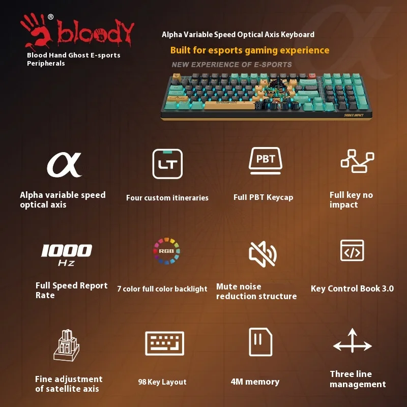A4Tech Bloody Savage Impact AT98 لوحة مفاتيح ميكانيكية سلكية تصميم مريح لوحة مفاتيح ميكانيكية مخصصة للألعاب قابلة للتبديل السريع