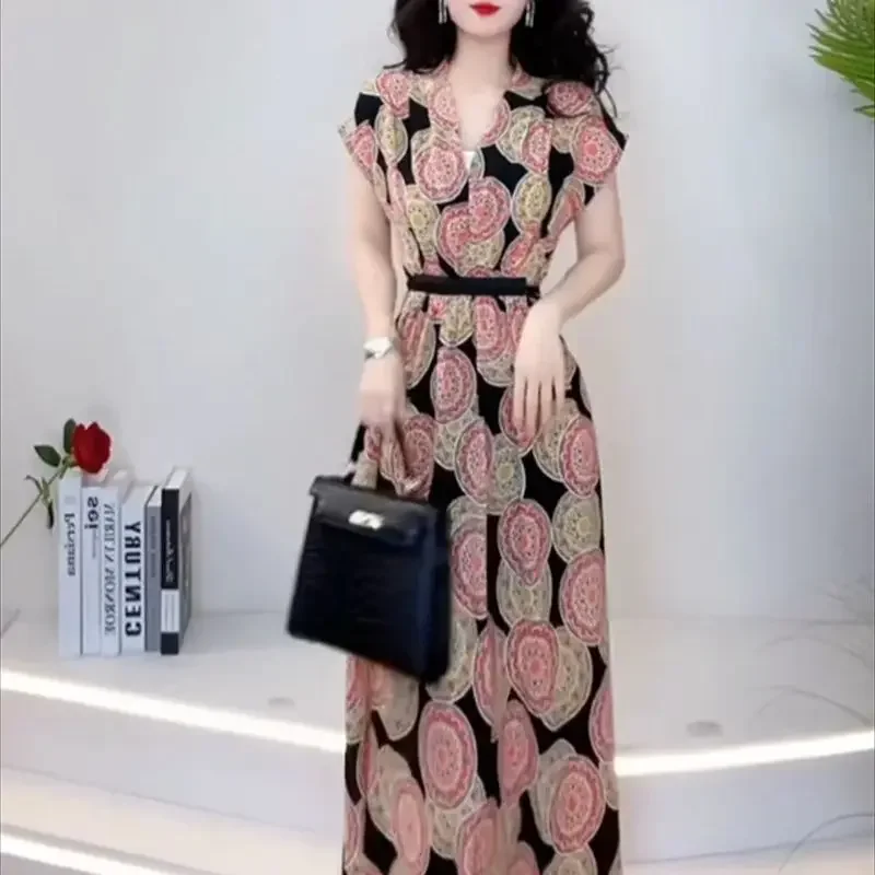 แฟชั่นดอกไม้พิมพ์ชุดยาวผู้หญิงลําลองหลวมชายหาดบางชุดเอวสูง LACE-Up เสื้อผ้าหญิง