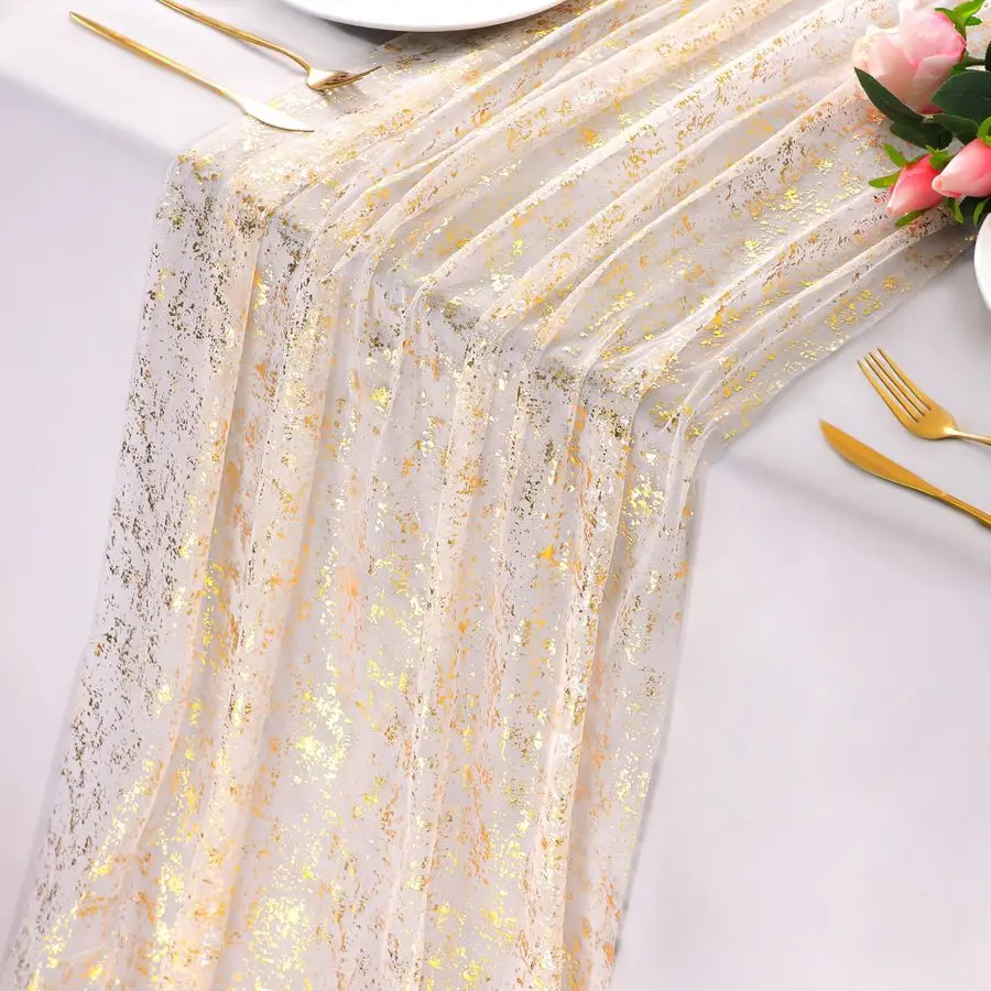 

10 Pack 10ft Gold Table Runners, Sheer Chiffon Tulle Cheesecloth Sequin Glitter Metallic, Golden Centerpieces Table Decorations