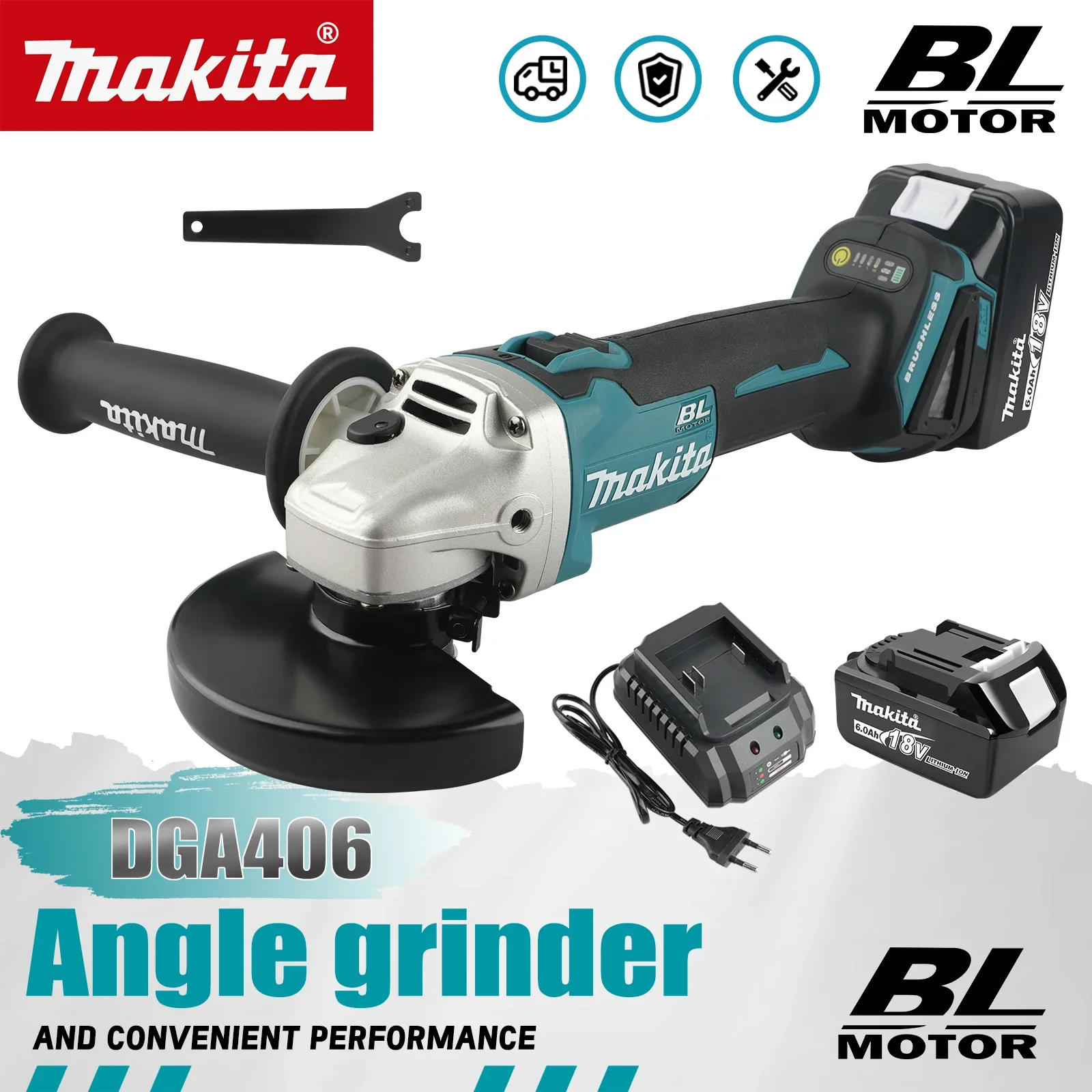 

Makita DGA406 Cordless Angle Grinder 18V BL Motor 8500/min Detachable Handle Safety Locks Grinding Cutting Power Tool