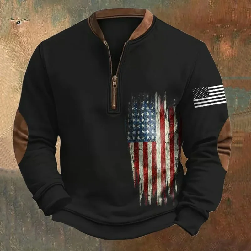 

Мужская винтажная толстовка с воротником на молнии и принтом американского флага, осень 2022, повседневные свободные лоскутные праздничные толстовки с длинными рукавами