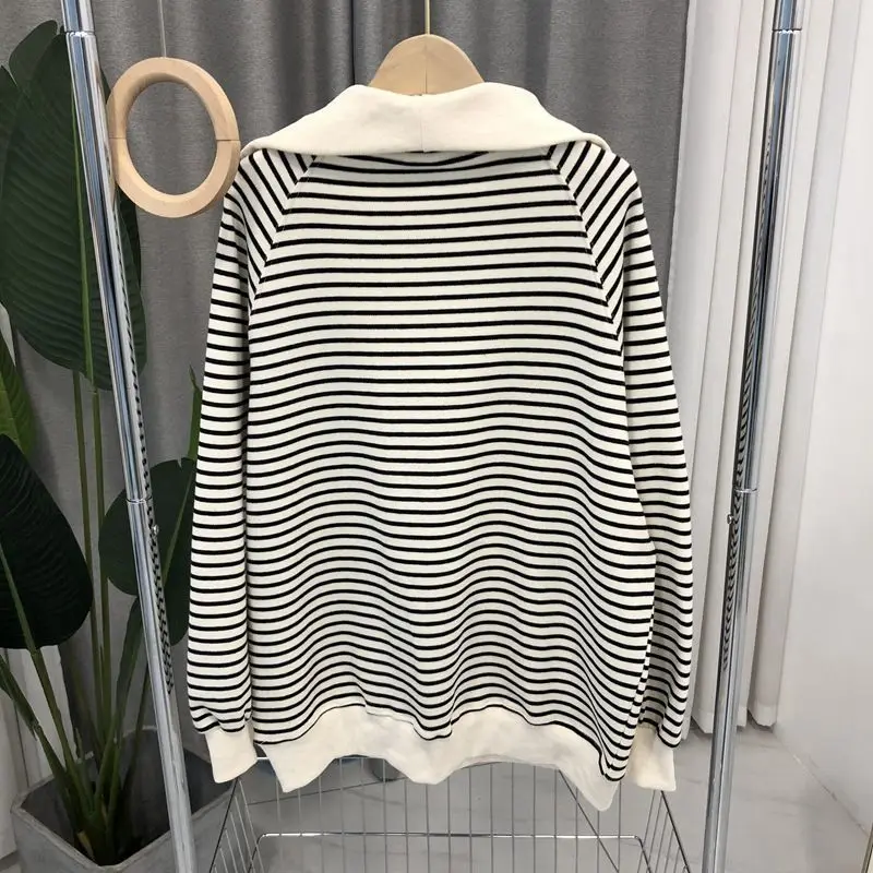 Female Casual Striped Long Sleeve Sweatshirts Autumn Winter All-match Zipper Spliced Stand Collar Pullovers Women\'s Clothing