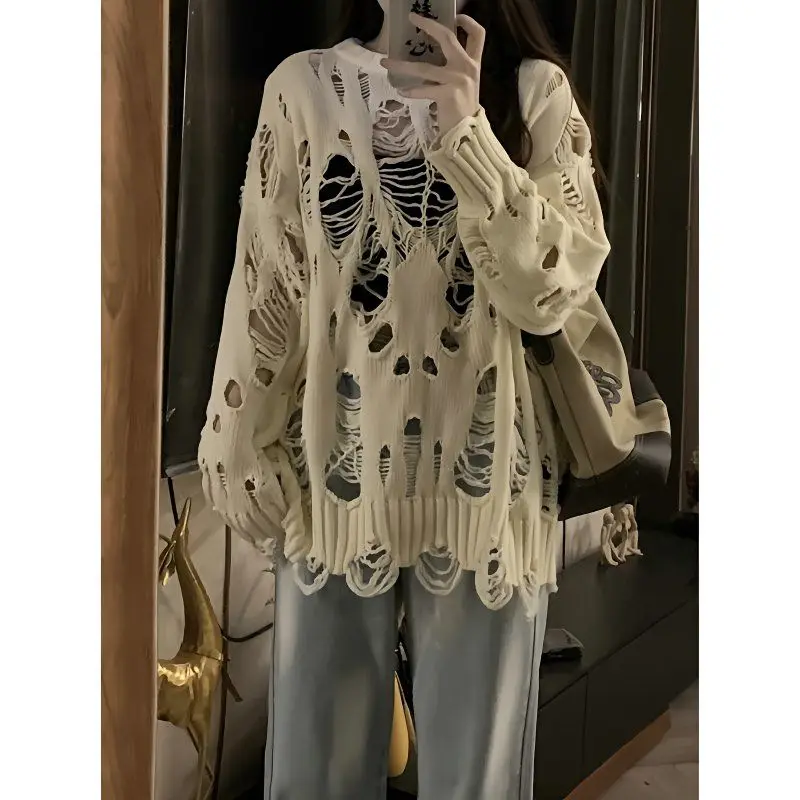 

Свитер Y2K свободного кроя для женщин, весенне-осенний, модный, в стиле оверсайз, с дырками, уличный стиль, круглый вырез