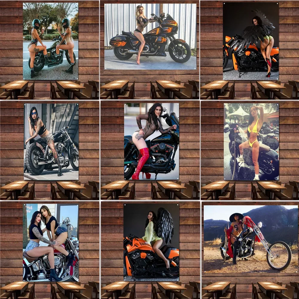 Sexy High Heels Babes Retro Motorcycle Banner Flag Workshop Garage Poster Wall Art Decor Tapestry Vintage Sign Man Cave Pub Club