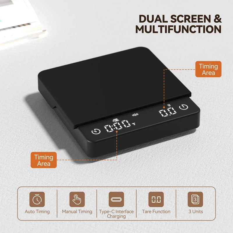 

2Kg/0.1G Mini Coffee Scale With Precision Timer, Rechargeable Espresso Accessory For Coffee Enthusiasts