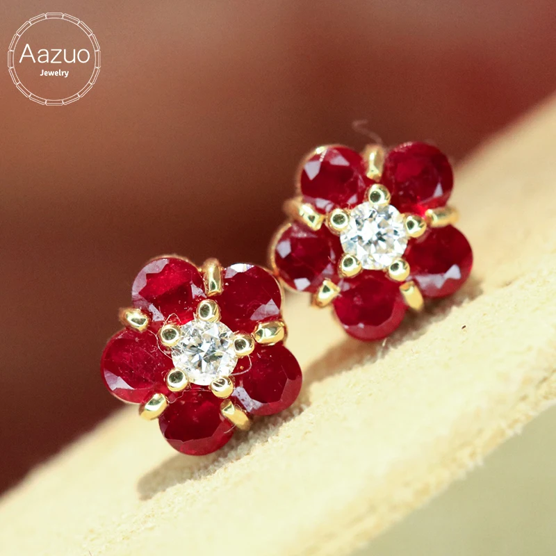 

Aazuo Fine Jewelry 18k Yellow Gold Natural Ruby Real Diamond Lovely Flower Stud Earrings Gifted For Girls & Woman BirthdayParty