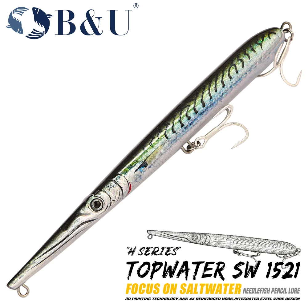 Iscas Flutuantes B&U Topwater, Iscas Duras para Pesca em Água Salgada com Ganchos BKK, para Robalo, GT e Barracuda