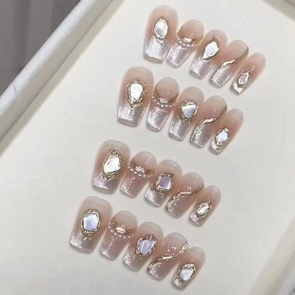 Shiny Shell Handmade Nails Press on Full Cover Manicuree Gold Line False Nails Wearable Artificial With Tool Kit