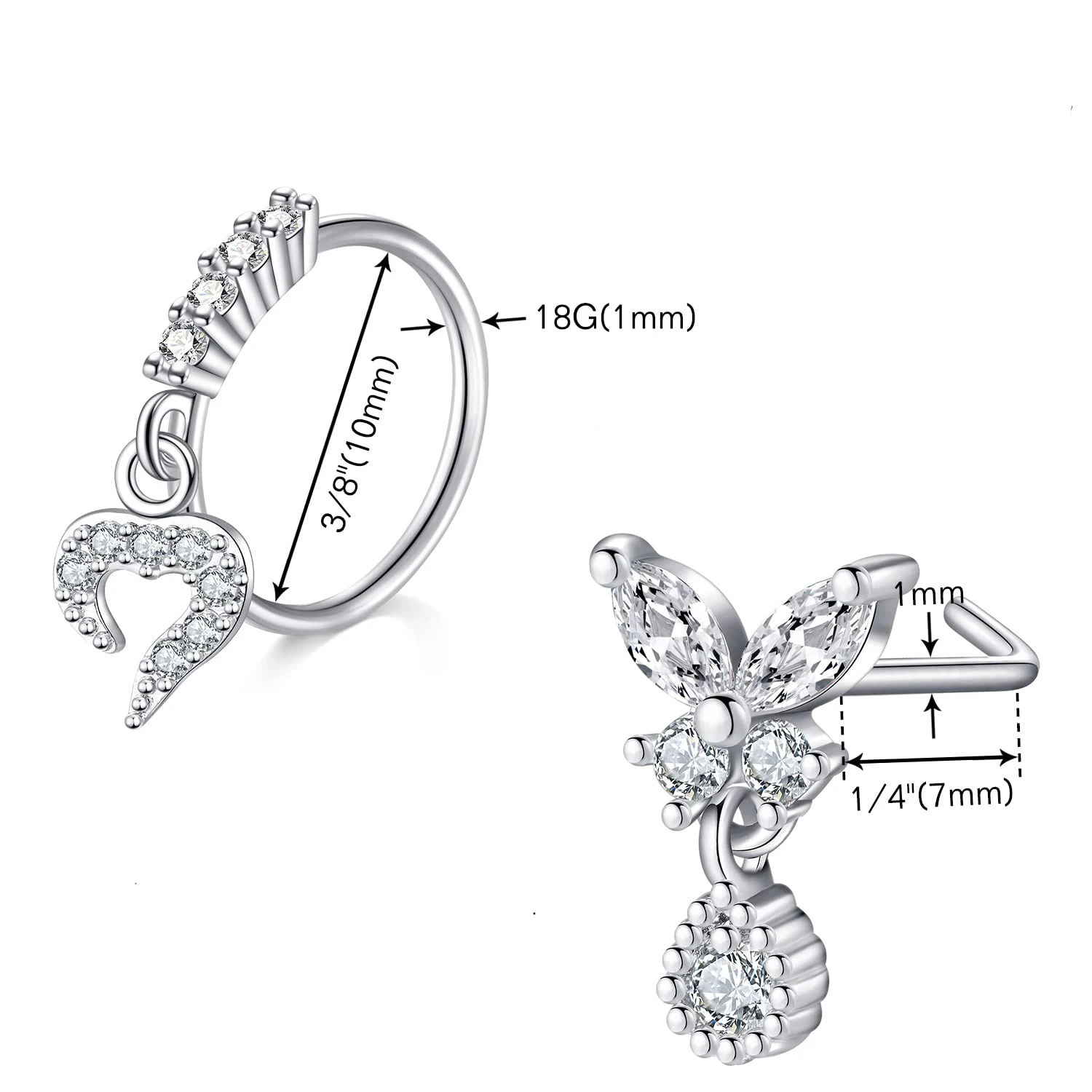 10Pcs 18G Surgical Steel Nose Rings Studs Dangle Nose Hoop Corkscrew L Shaped Nose Studs Nose Rings Nose Piercing Jewelry