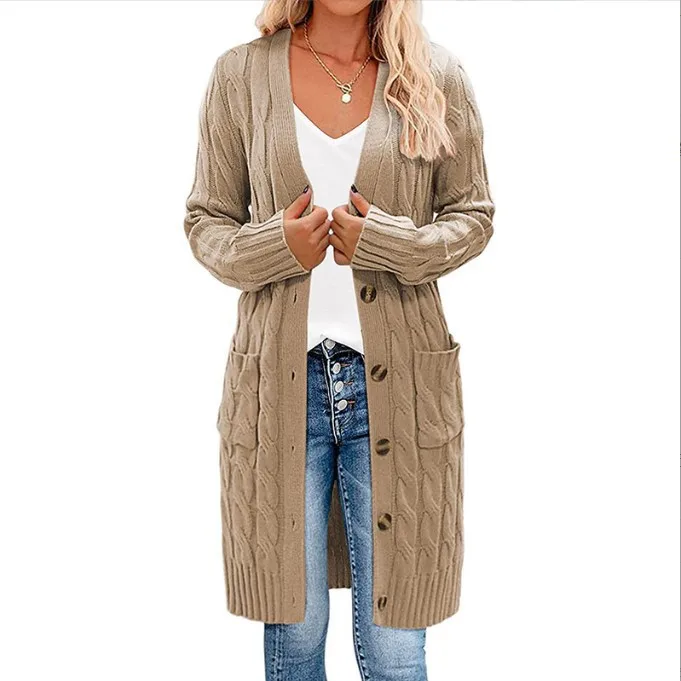 Women's Cardigan Fried Dough Twists Sweater Solid Button Pocket Cardigan Coat Autumn Winter 2024