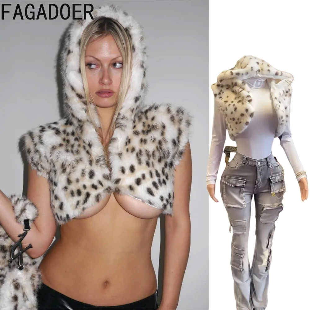 

FAGADOER Y2K Sexy Women Leopard Print Fur Patchwork Sleeveless Hooded Crop Tops Female Streetwear 2025 Spring New Trend Clothing