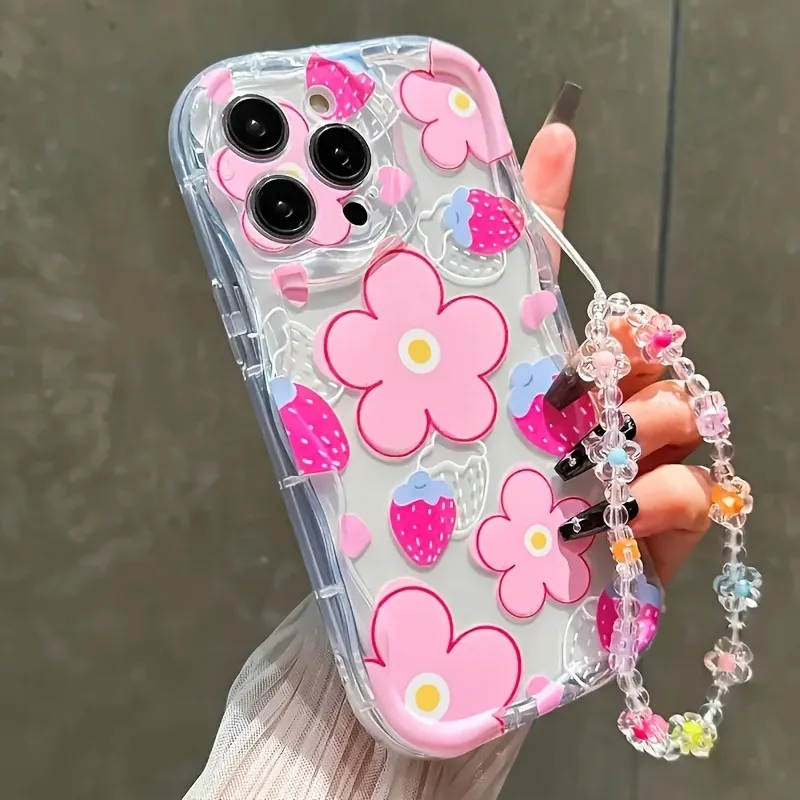 Fashionable Strawberry Flower With Lanyard Pattern For iPhone 18 17 16 Pro 15 14 13 12 11 Pro Max 16e Air X XR XS 7 8 Plus Cover