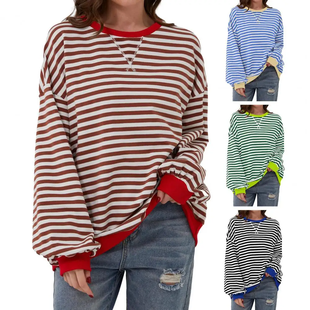 

Long Sleeve Striped Print Shirt Chic Women's Oversized Striped Color Block T-shirt Collection Crew Neck Pullover Tops Long